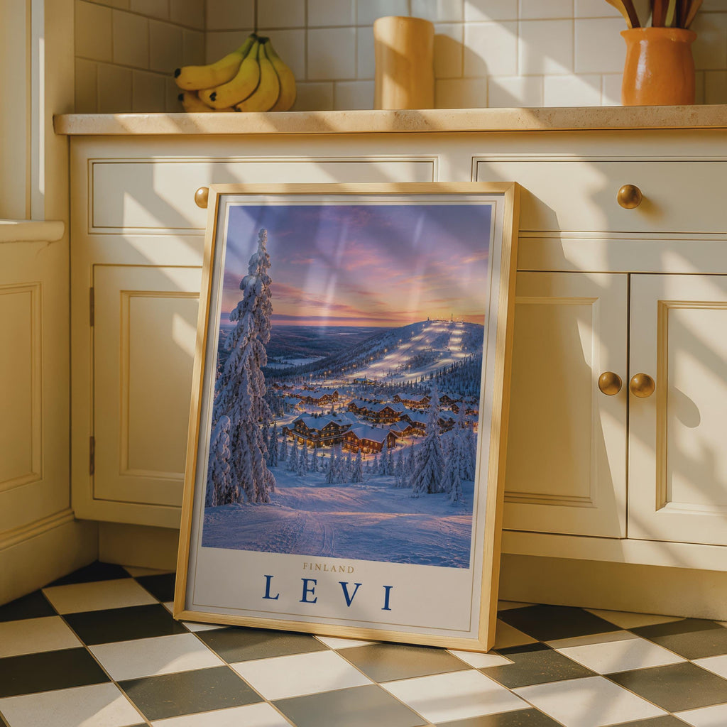 Levi Finland Ski Resort Sunset Poster, Lapland Snow Scene, Nordic Travel Art Print