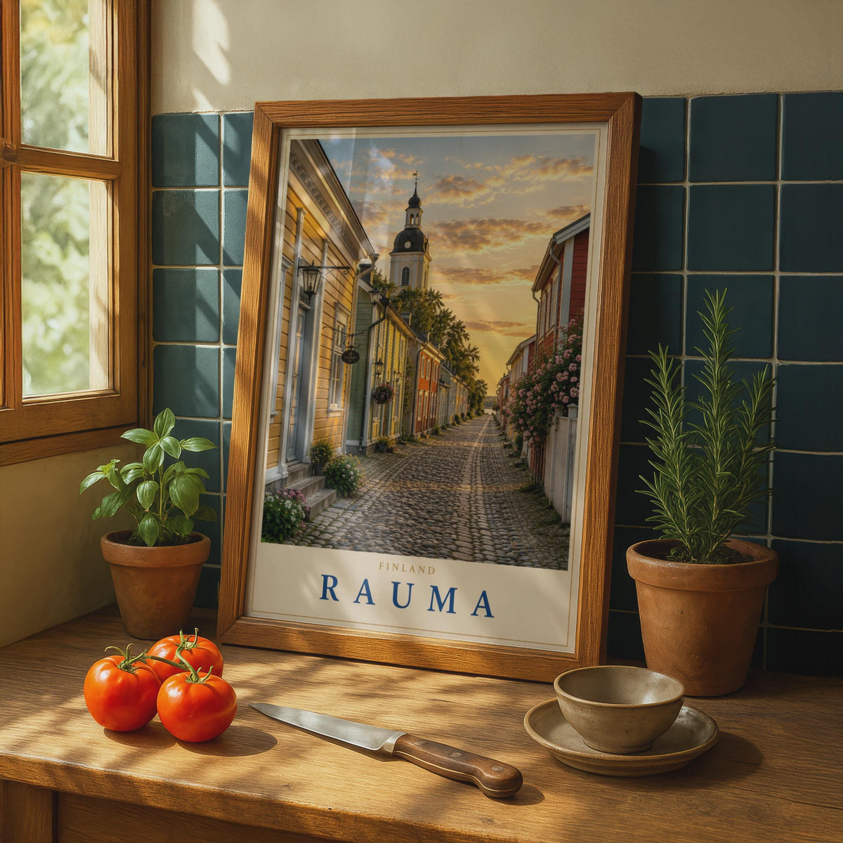 Rauma Finland Travel Poster, Old Town Cobblestone Street, Scandinavian Wall Art (Print)
