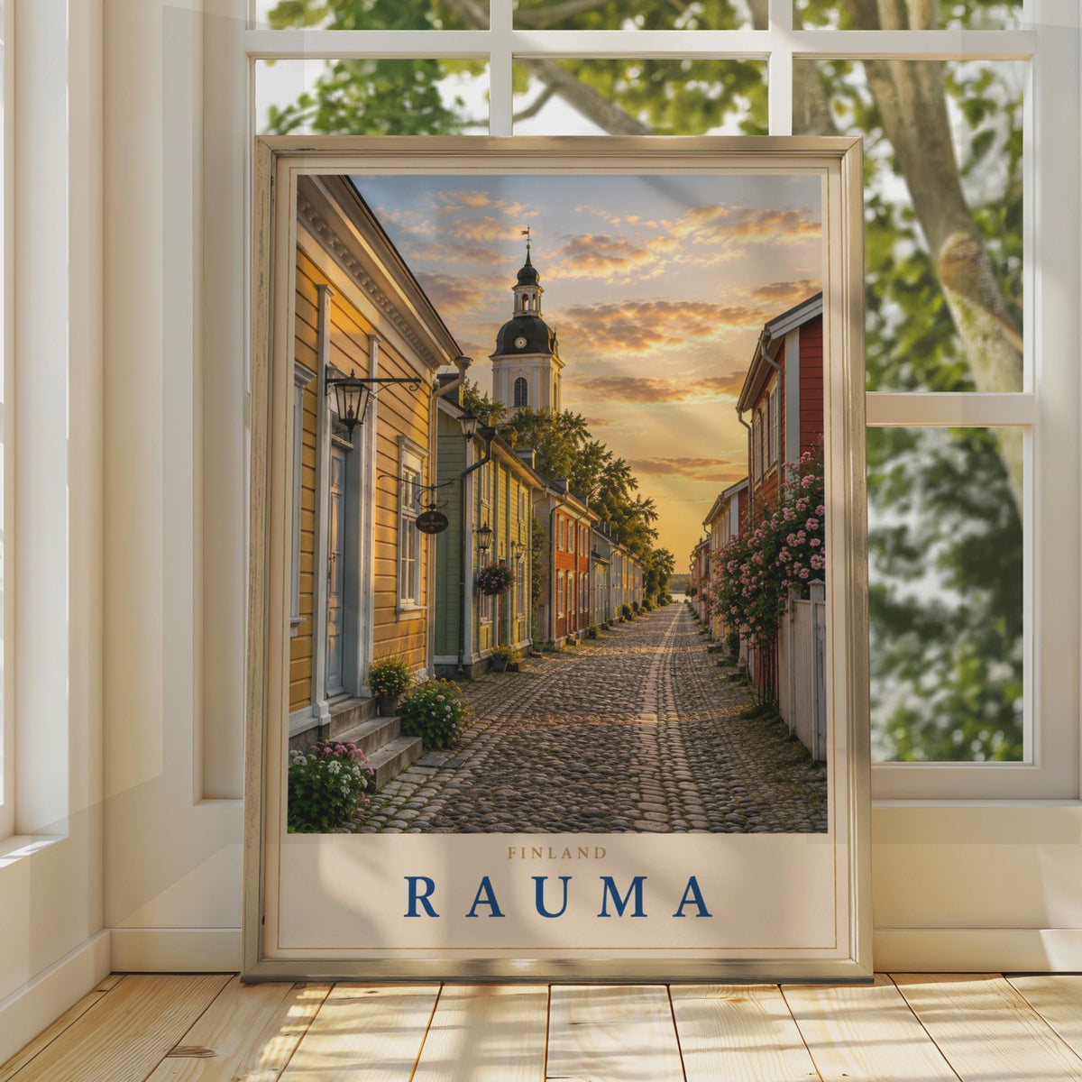 Rauma Finland Travel Poster, Old Town Cobblestone Street, Scandinavian Wall Art (Print)