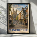 Winchester England Travel Poster, Cathedral Street Scene, Hampshire Wall Art (Print)