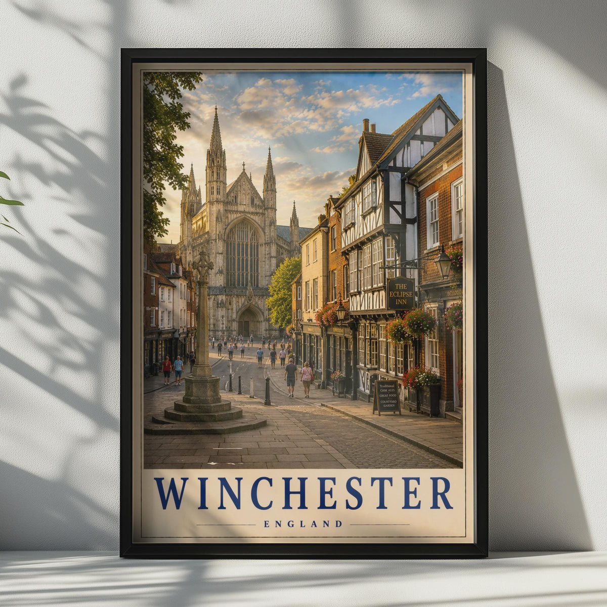 Winchester England Travel Poster, Cathedral Street Scene, Hampshire Wall Art (Print)