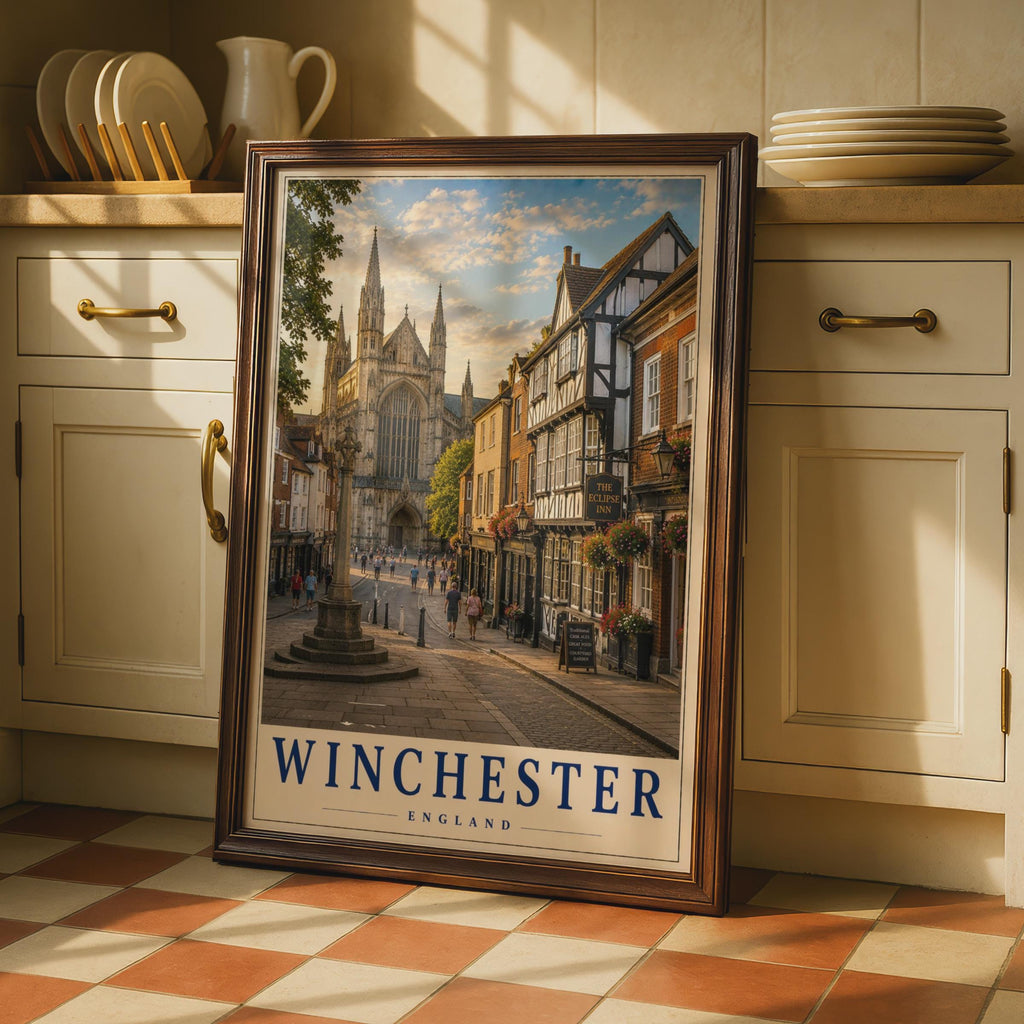 Winchester England Travel Poster, Cathedral Street Scene, Hampshire Wall Art (Print)