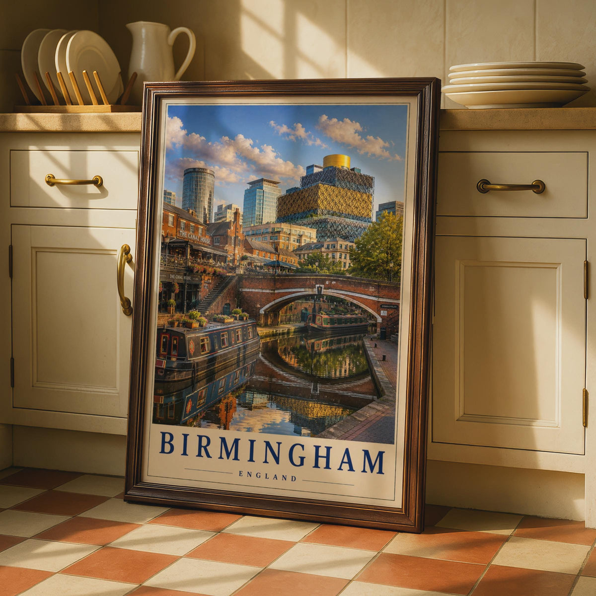 Birmingham England Travel Poster, Canal Quarter Narrowboat, Library of Birmingham (Print)