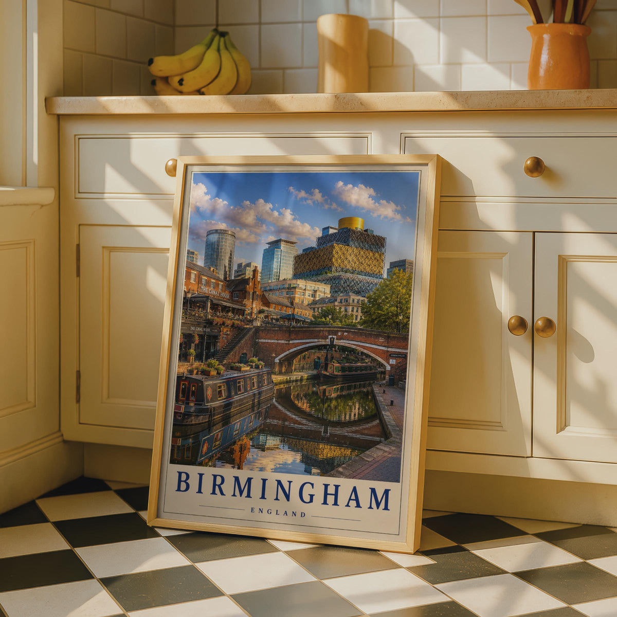 Birmingham England Travel Poster, Canal Quarter Narrowboat, Library of Birmingham (Print)