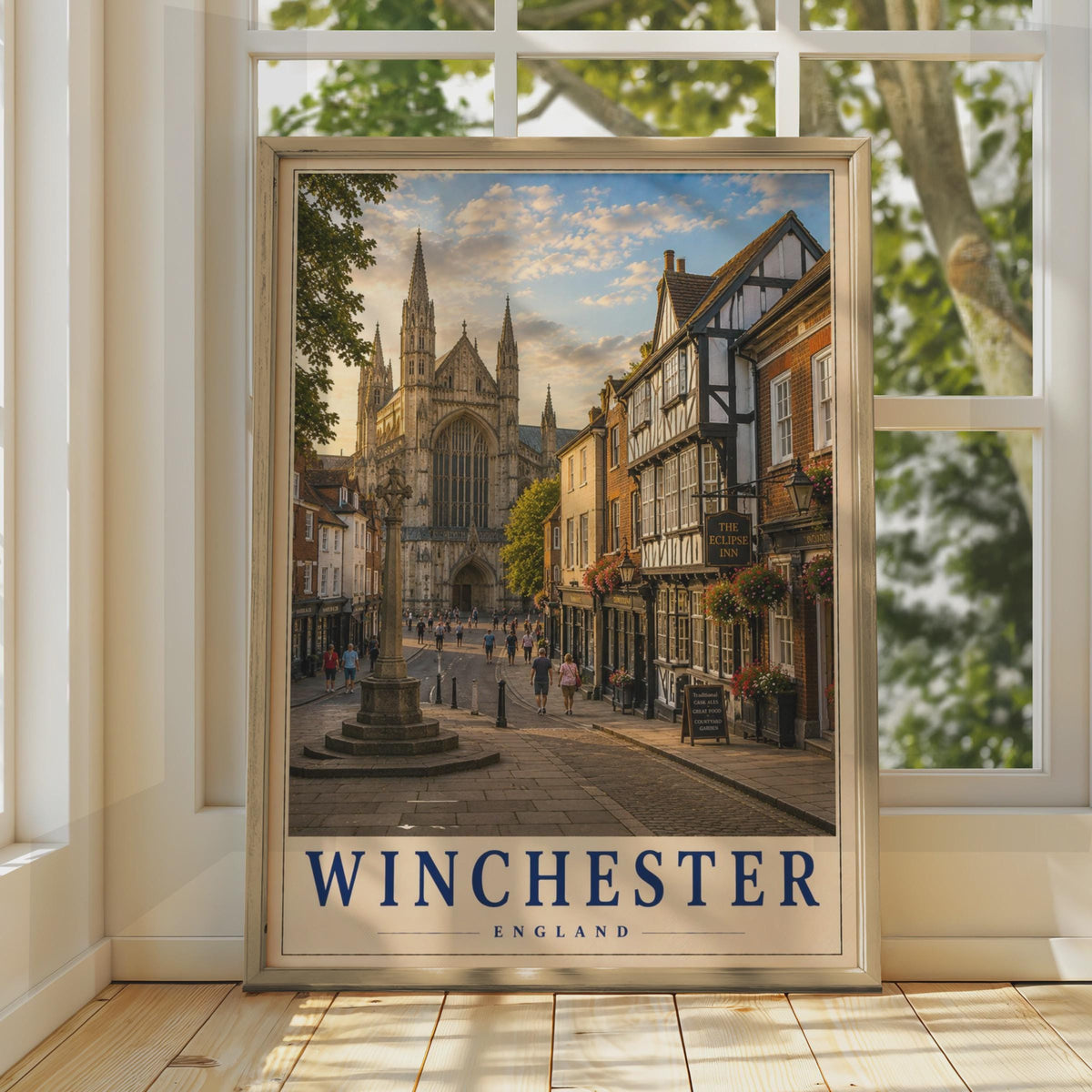 Winchester England Travel Poster, Cathedral Street Scene, Hampshire Wall Art (Print)