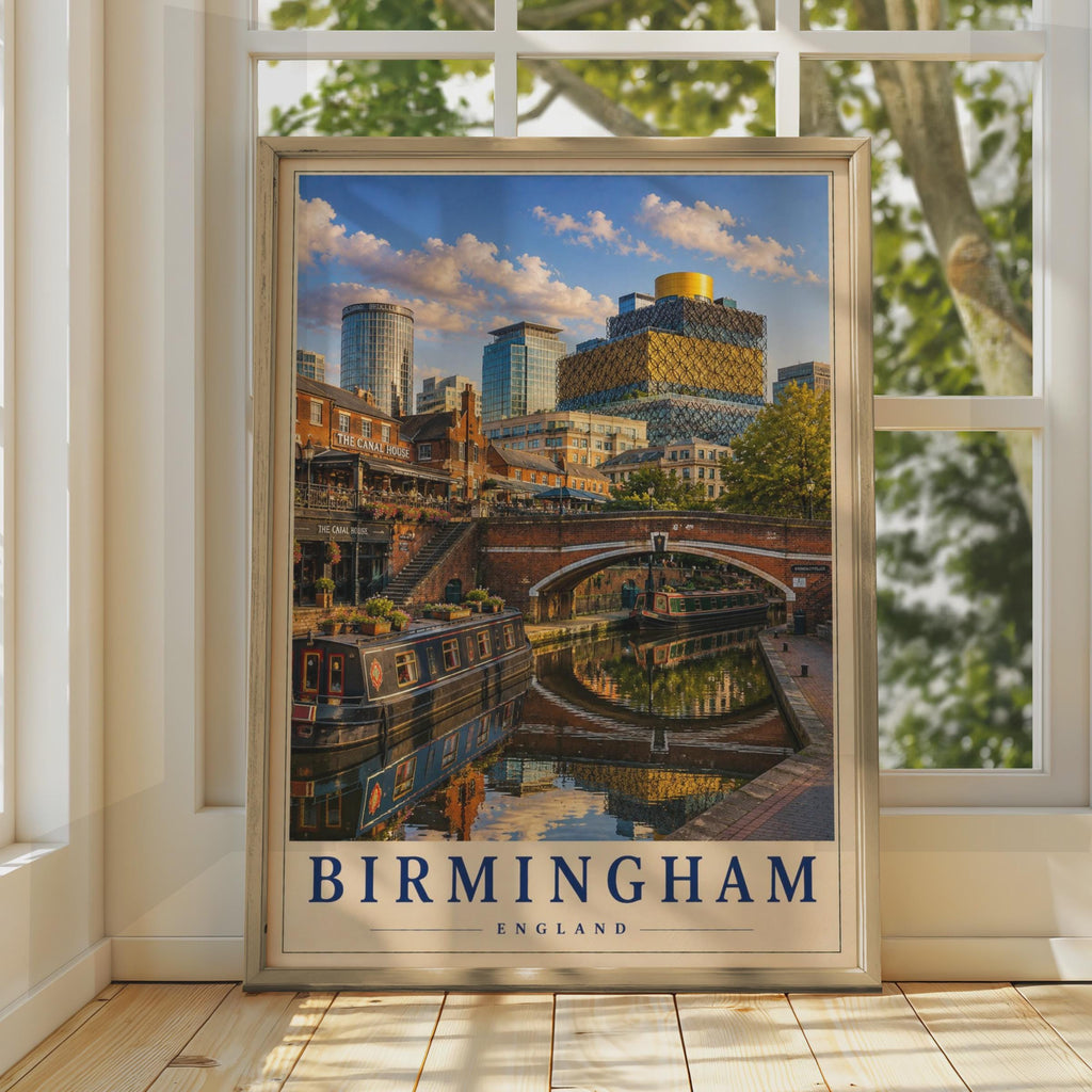 Birmingham England Travel Poster, Canal Quarter Narrowboat, Library of Birmingham (Print)