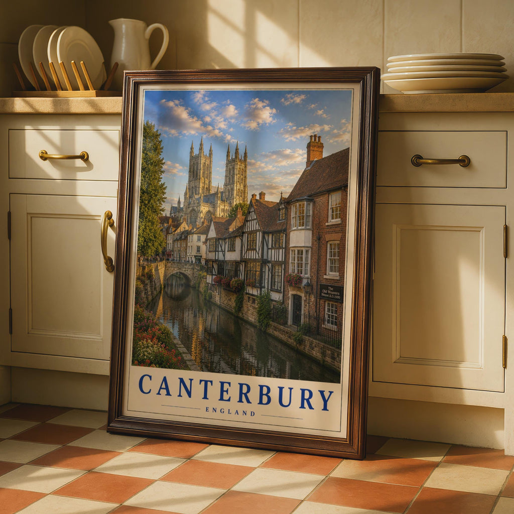 Canterbury England Travel Poster, Cathedral River View, Tudor Buildings, Old Weavers House (Wall Art)