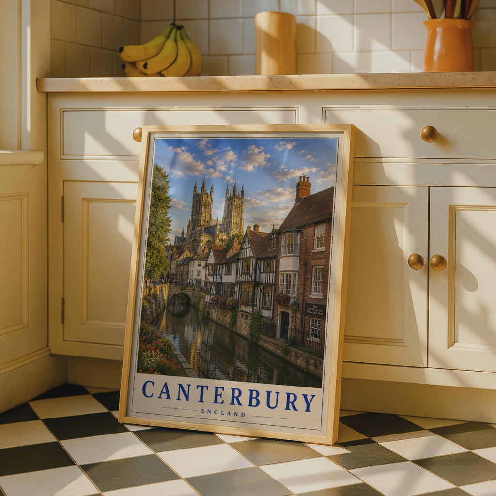 Canterbury England Travel Poster, Cathedral River View, Tudor Buildings, Old Weavers House (Wall Art)
