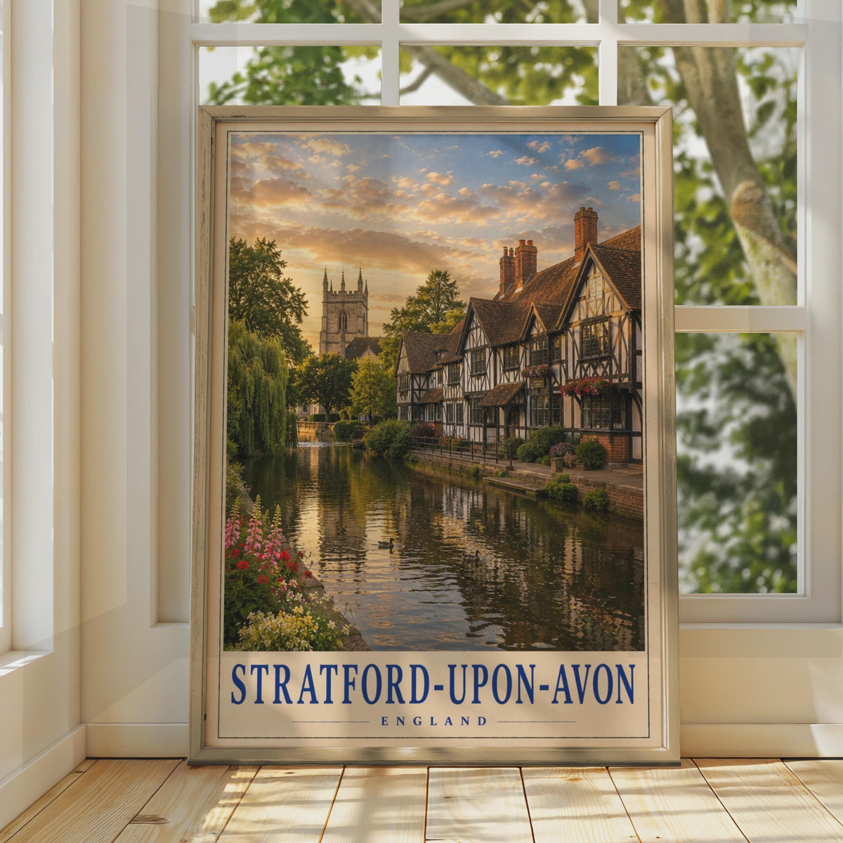 Stratford-upon-Avon Travel Poster, Tudor River Avon Scene, English Countryside Wall Art
