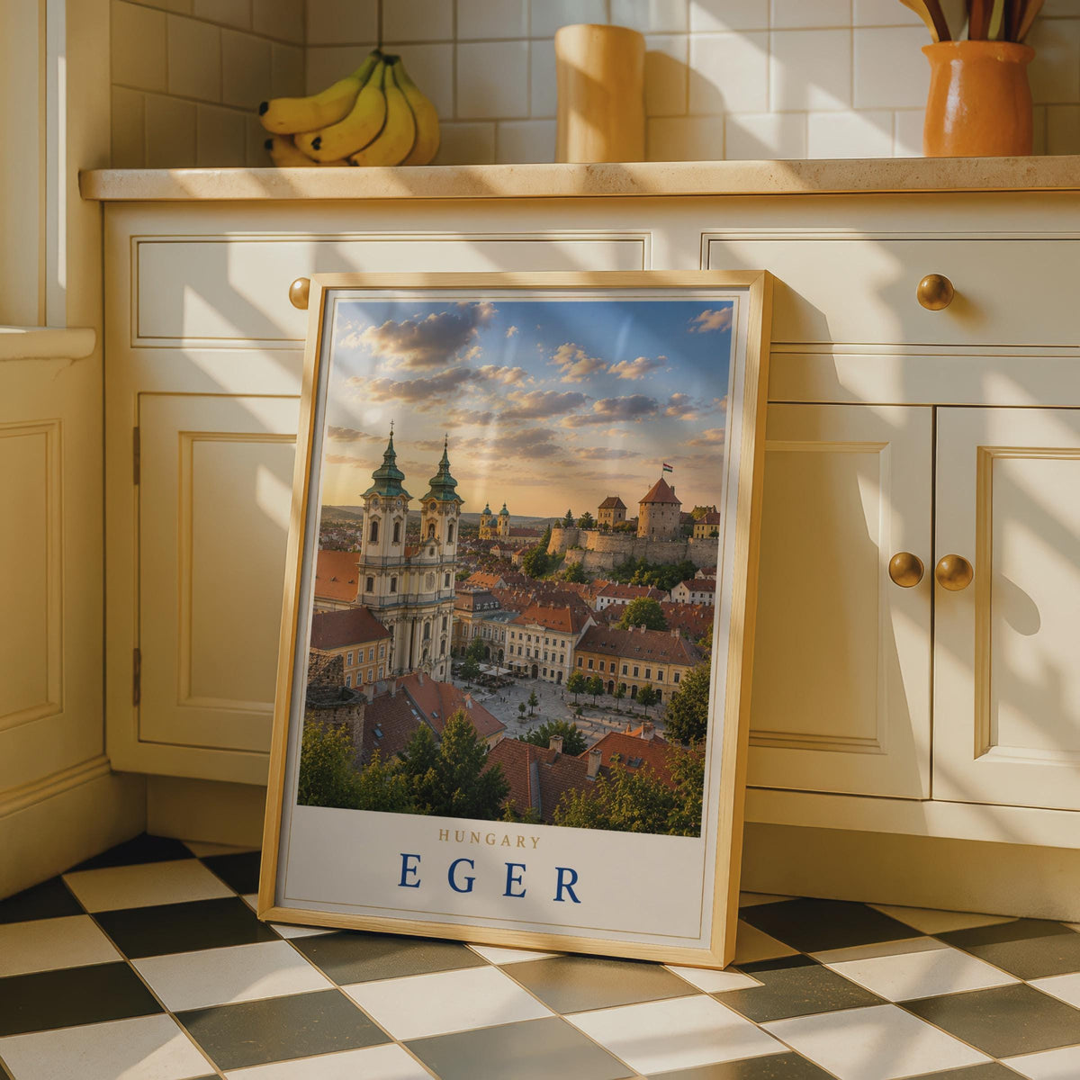 Eger Hungary Travel Poster, Baroque Basilica Castle Skyline, European Architecture Print