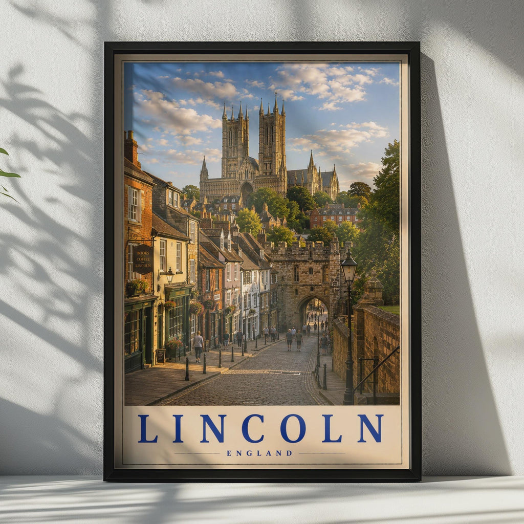 Lincoln Cathedral Travel Poster, Steep Hill Cobblestone Street, Vintage UK City Art (Print)