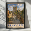Lincoln Cathedral Travel Poster, Steep Hill Cobblestone Street, Vintage UK City Art (Print)