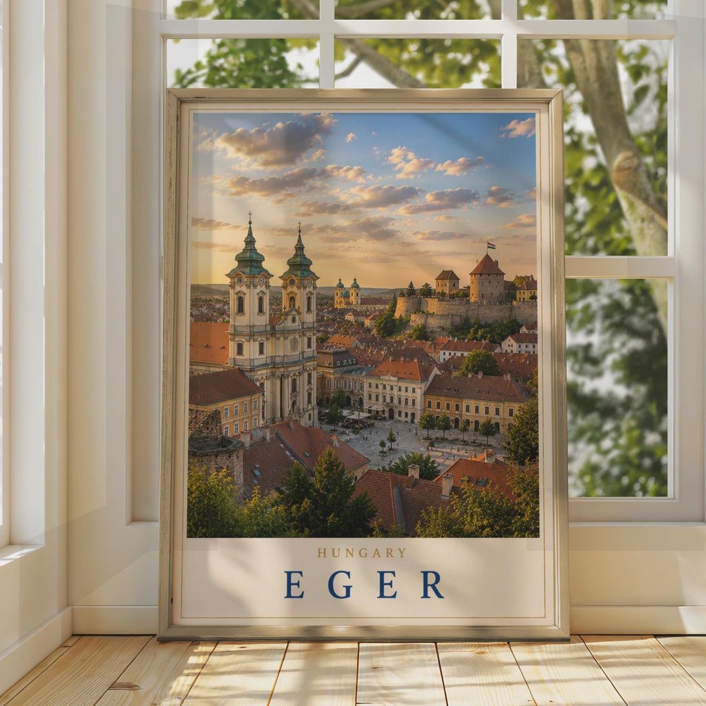 Eger Hungary Travel Poster, Baroque Basilica Castle Skyline, European Architecture Print