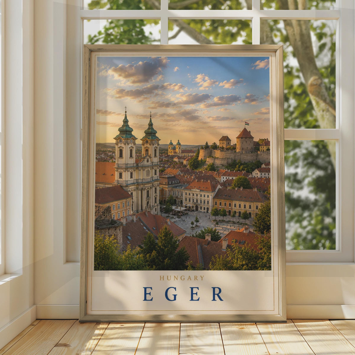 Eger Hungary Travel Poster, Baroque Basilica Castle Skyline, European Architecture Print