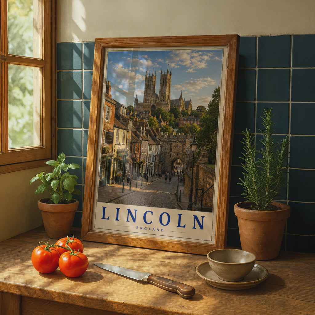 Lincoln Cathedral Travel Poster, Steep Hill Cobblestone Street, Vintage UK City Art (Print)