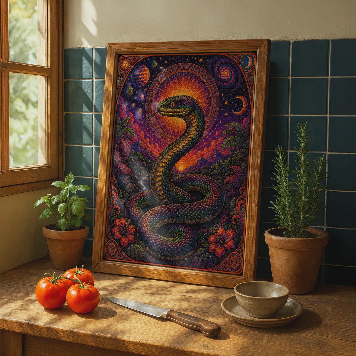 Psychedelic Snake Poster, Cosmic Serpent Wall Art, Celestial Mandala, Mystical Boho Print