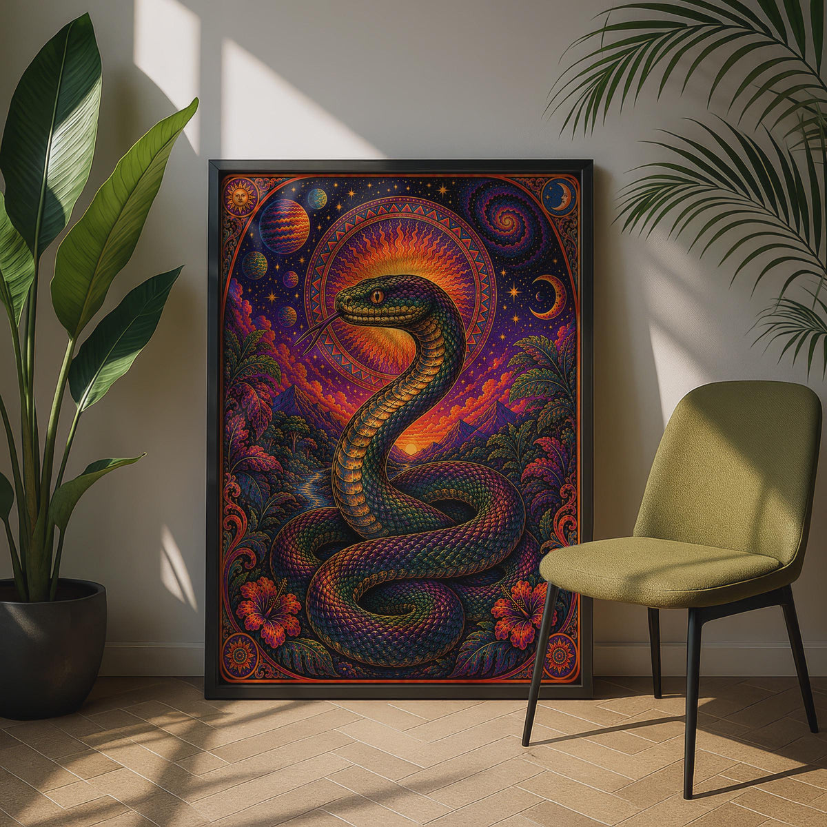 Psychedelic Snake Poster, Cosmic Serpent Wall Art, Celestial Mandala, Mystical Boho Print