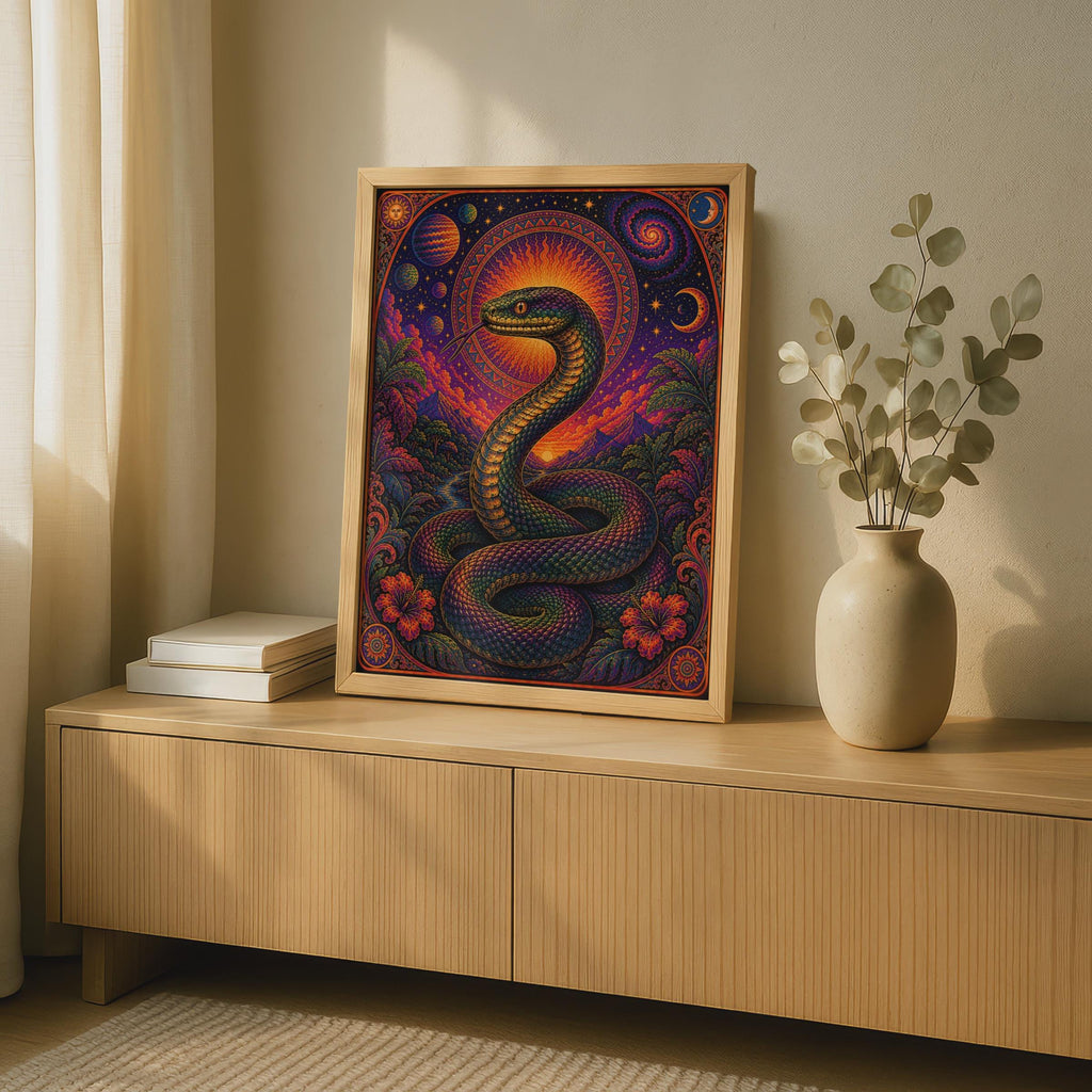 Psychedelic Snake Poster, Cosmic Serpent Wall Art, Celestial Mandala, Mystical Boho Print