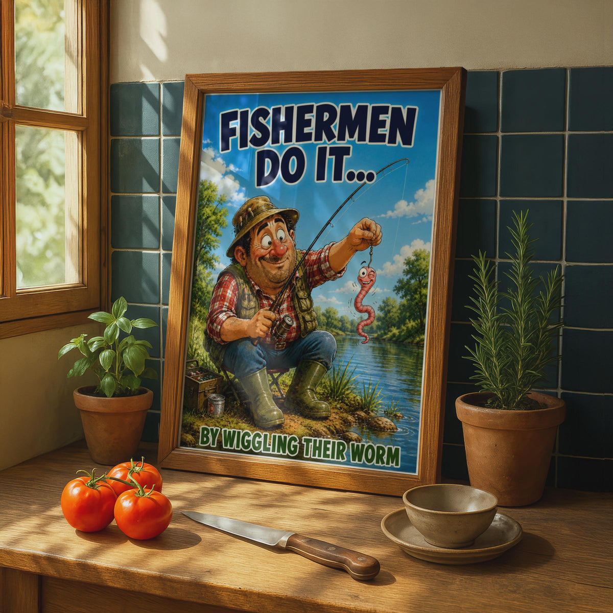 Funny Fishing Poster, Fishermen Do It by Wiggling Their Worm, Humour Wall Art Gift