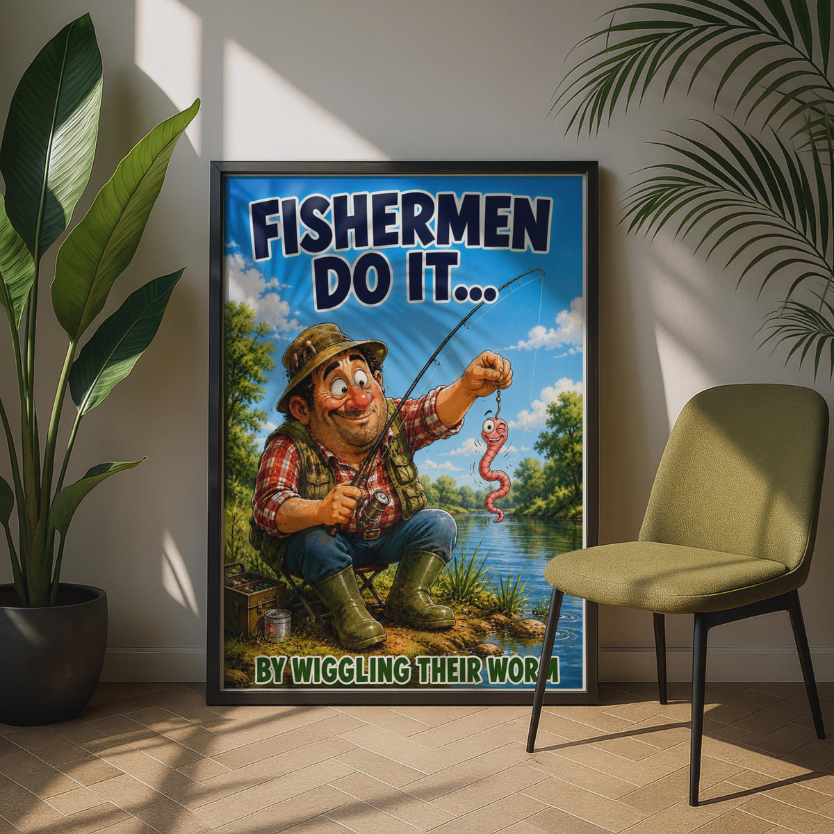 Funny Fishing Poster, Fishermen Do It by Wiggling Their Worm, Humour Wall Art Gift