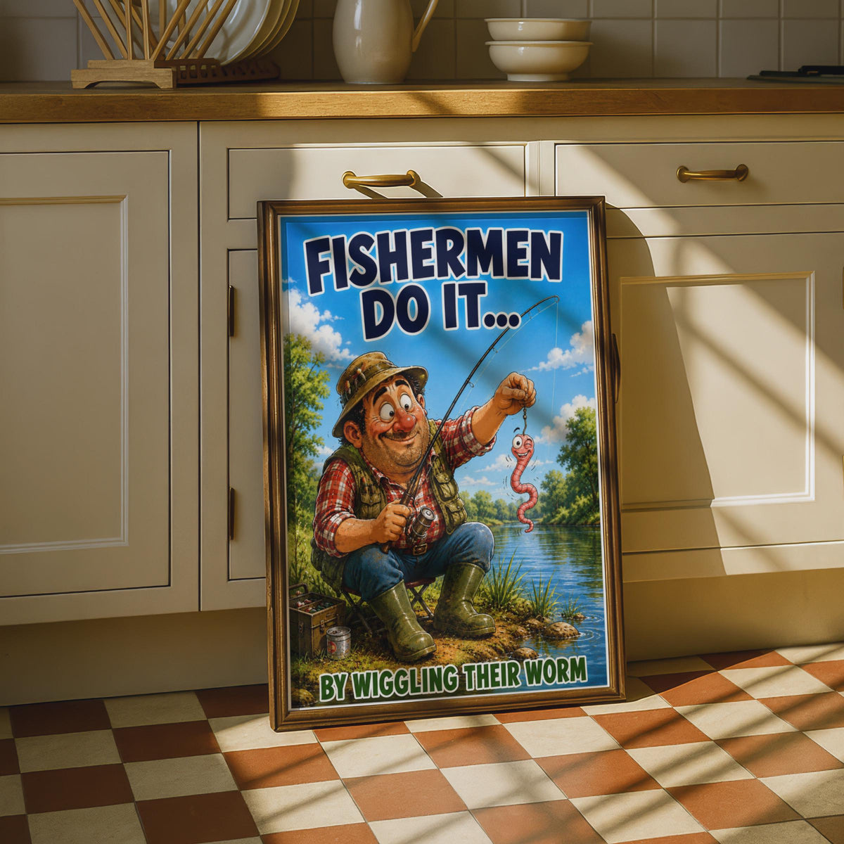 Funny Fishing Poster, Fishermen Do It by Wiggling Their Worm, Humour Wall Art Gift