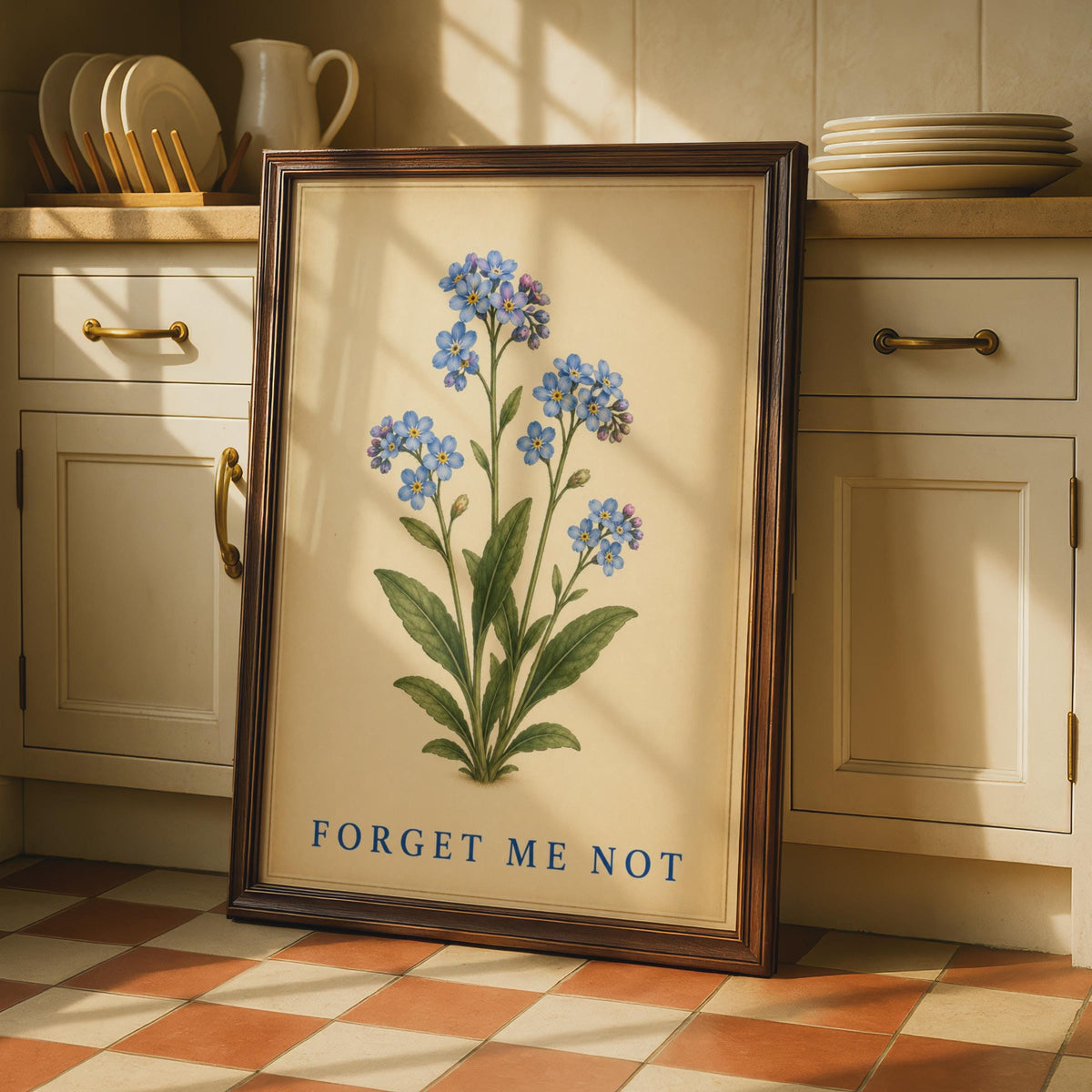 Vintage Forget Me Not Botanical Poster, Blue Flower Print, Antique Style Wall Art