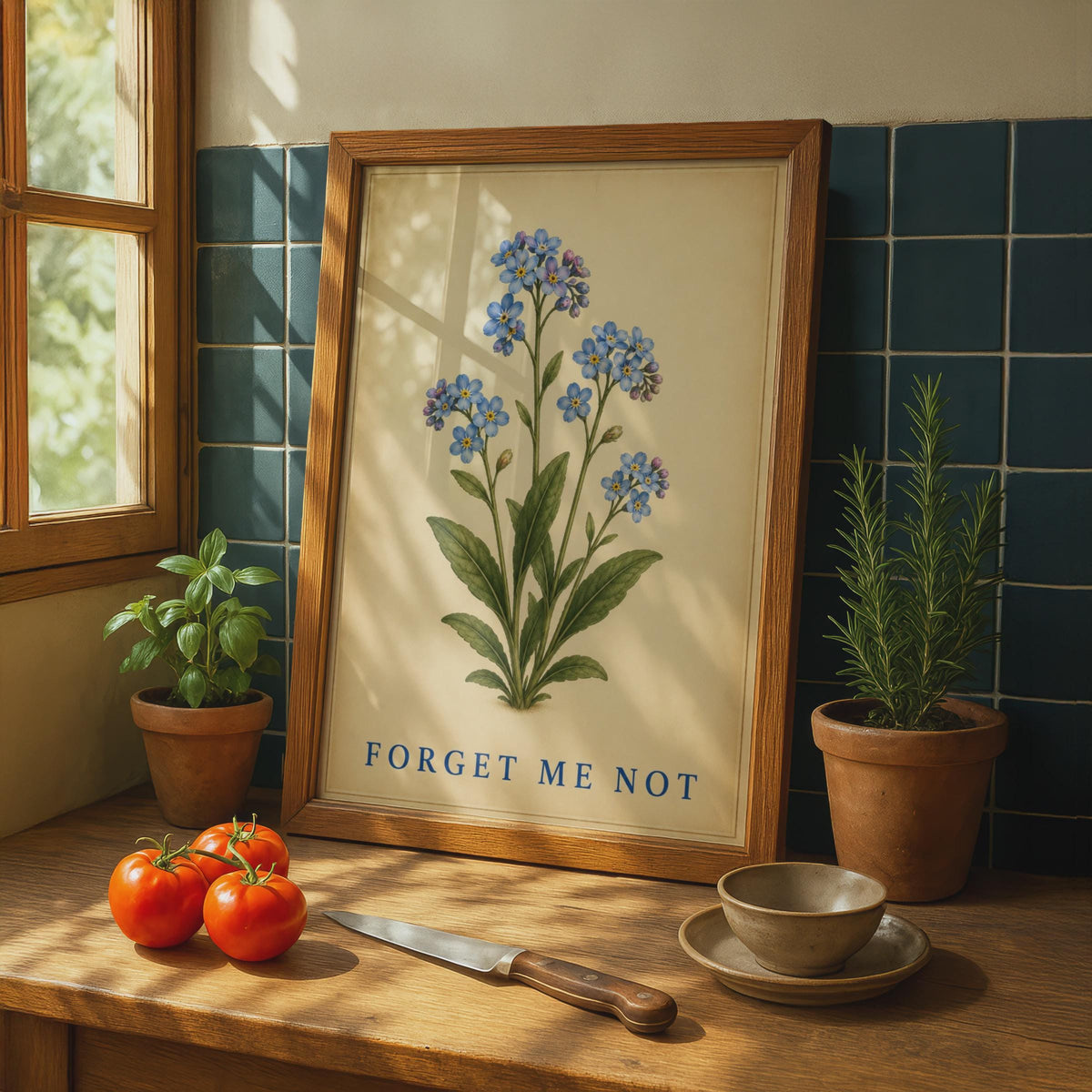Vintage Forget Me Not Botanical Poster, Blue Flower Print, Antique Style Wall Art