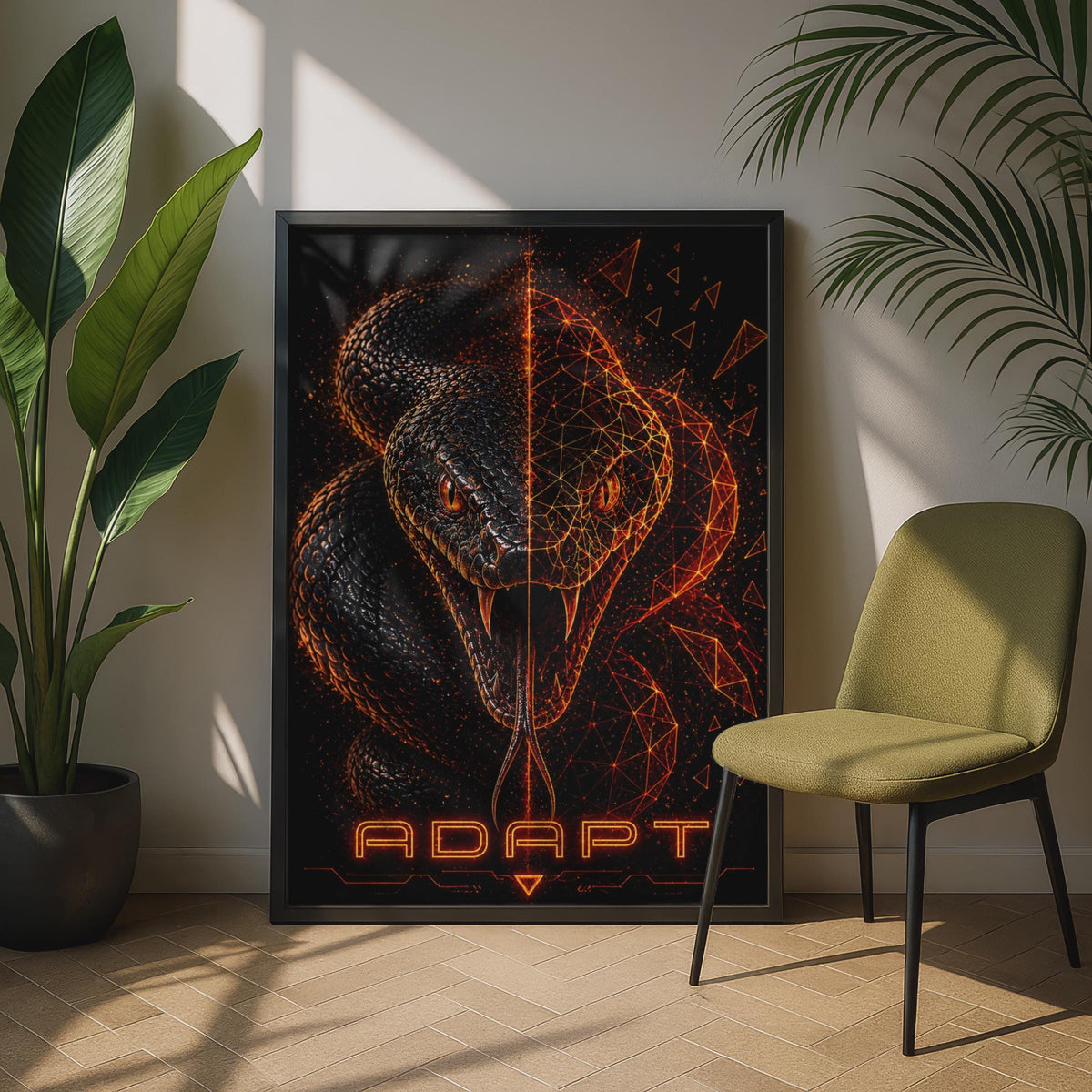 Adapt Snake Poster, Geometric Cobra Wall Art, Dark Motivational Print, Orange Black