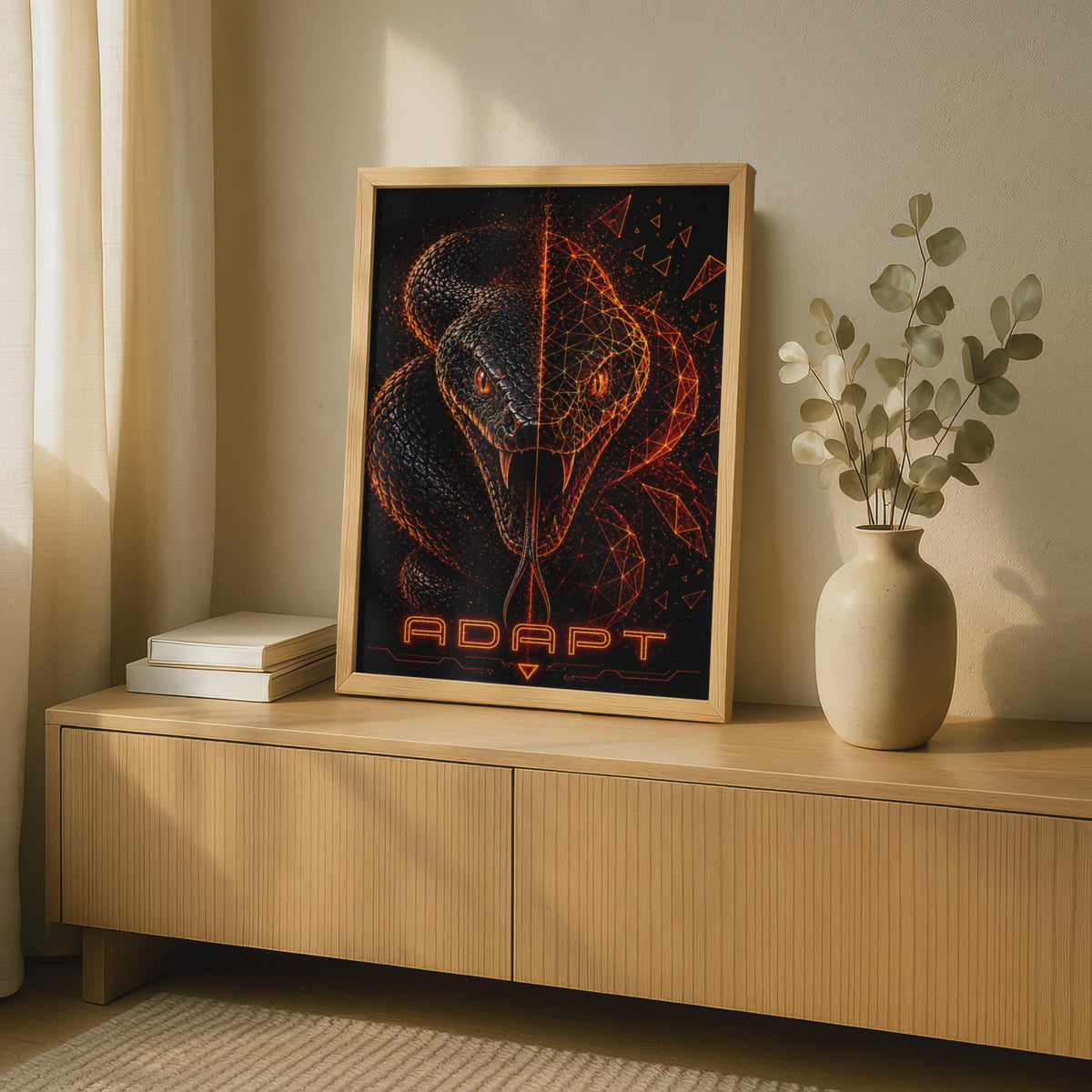 Adapt Snake Poster, Geometric Cobra Wall Art, Dark Motivational Print, Orange Black