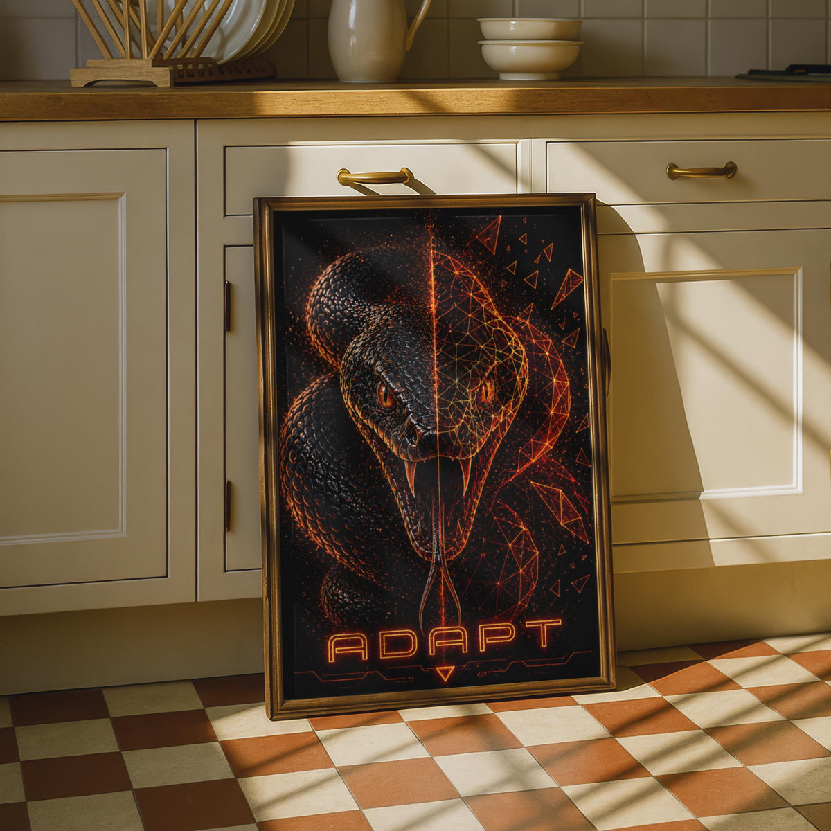 Adapt Snake Poster, Geometric Cobra Wall Art, Dark Motivational Print, Orange Black