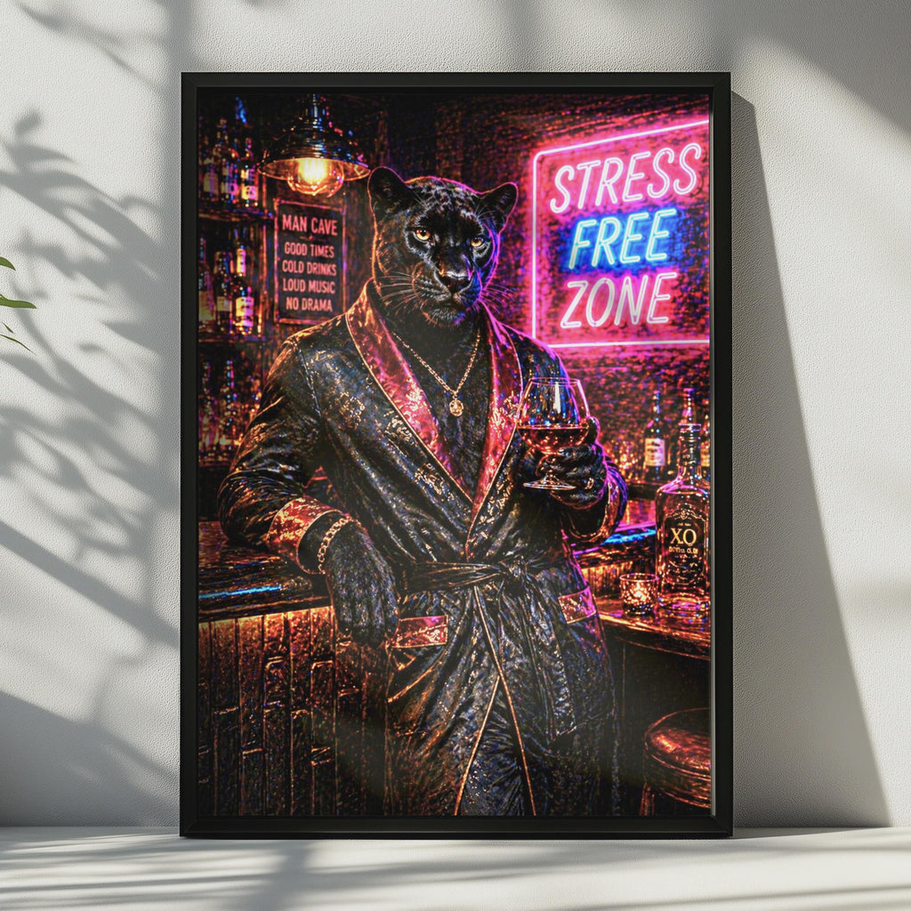 Black Panther Man Cave Poster, Stress Free Zone Neon Bar Wall Art, Luxury Animal