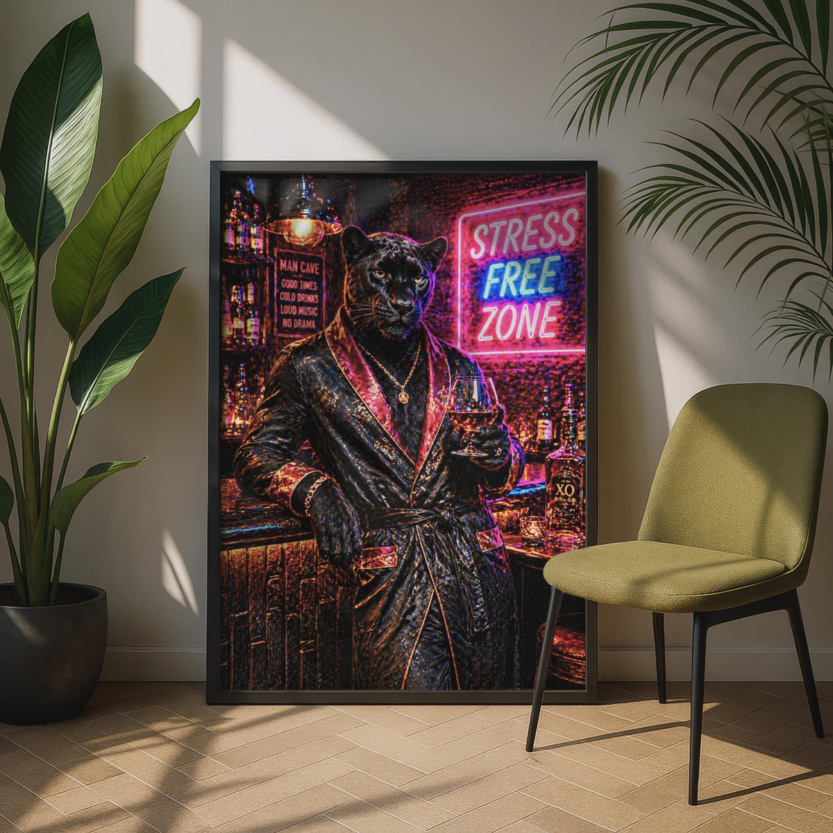 Black Panther Man Cave Poster, Stress Free Zone Neon Bar Wall Art, Luxury Animal