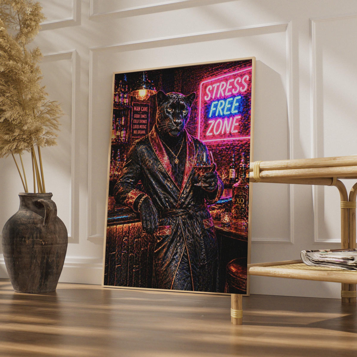 Black Panther Man Cave Poster, Stress Free Zone Neon Bar Wall Art, Luxury Animal