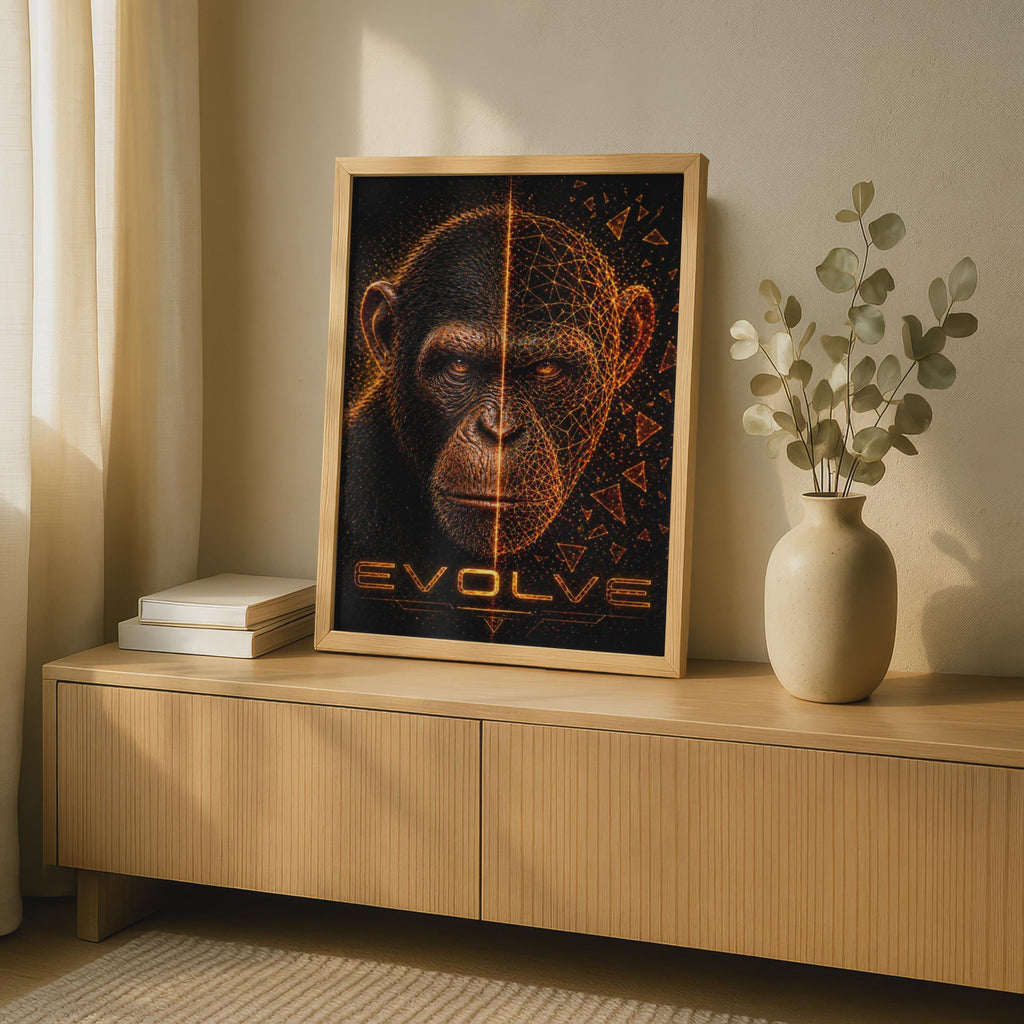 Evolve Chimpanzee Poster, Digital Geometric Ape Wall Art, Dark Sci-Fi Animal Print