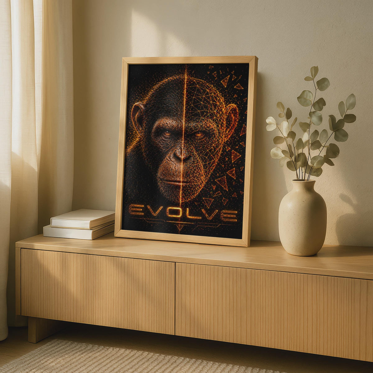 Evolve Chimpanzee Poster, Digital Geometric Ape Wall Art, Dark Sci-Fi Animal Print