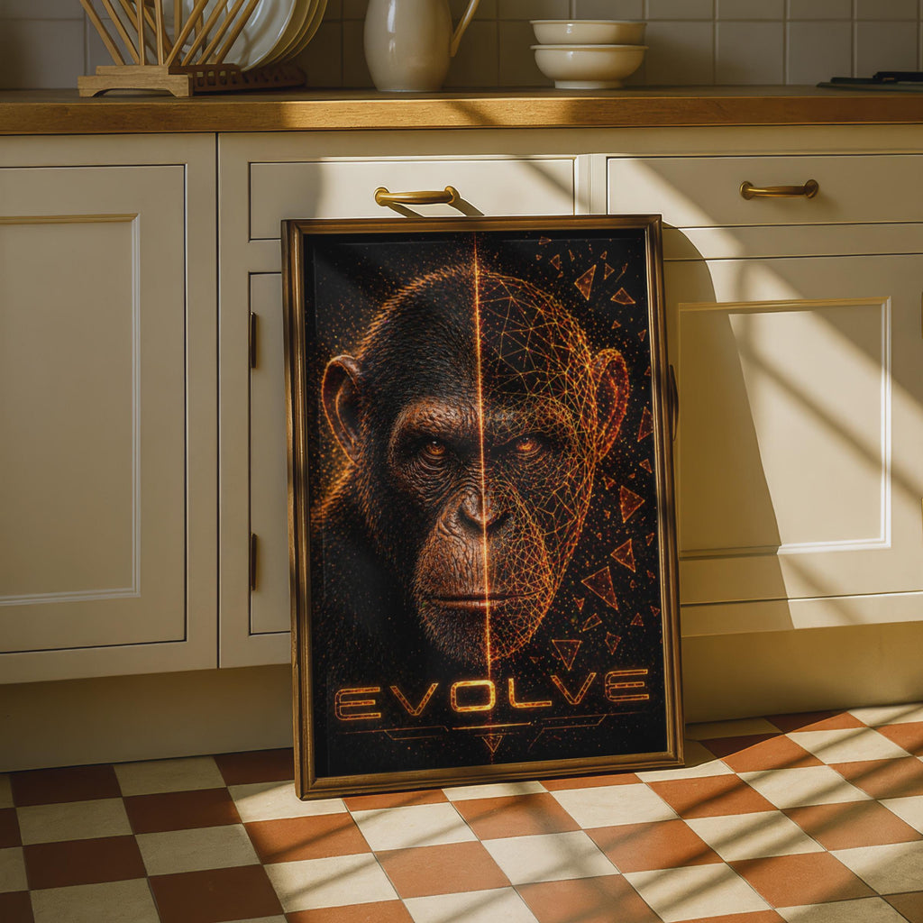 Evolve Chimpanzee Poster, Digital Geometric Ape Wall Art, Dark Sci-Fi Animal Print
