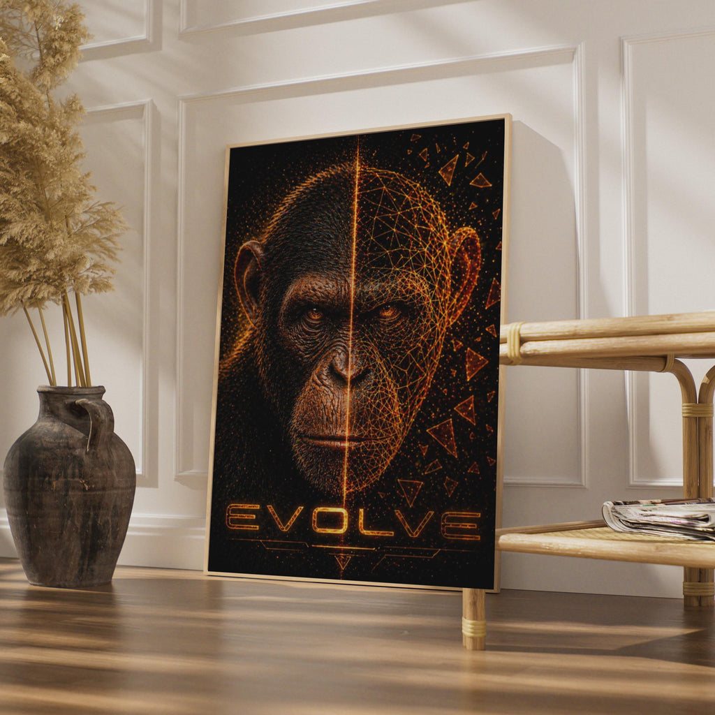 Evolve Chimpanzee Poster, Digital Geometric Ape Wall Art, Dark Sci-Fi Animal Print