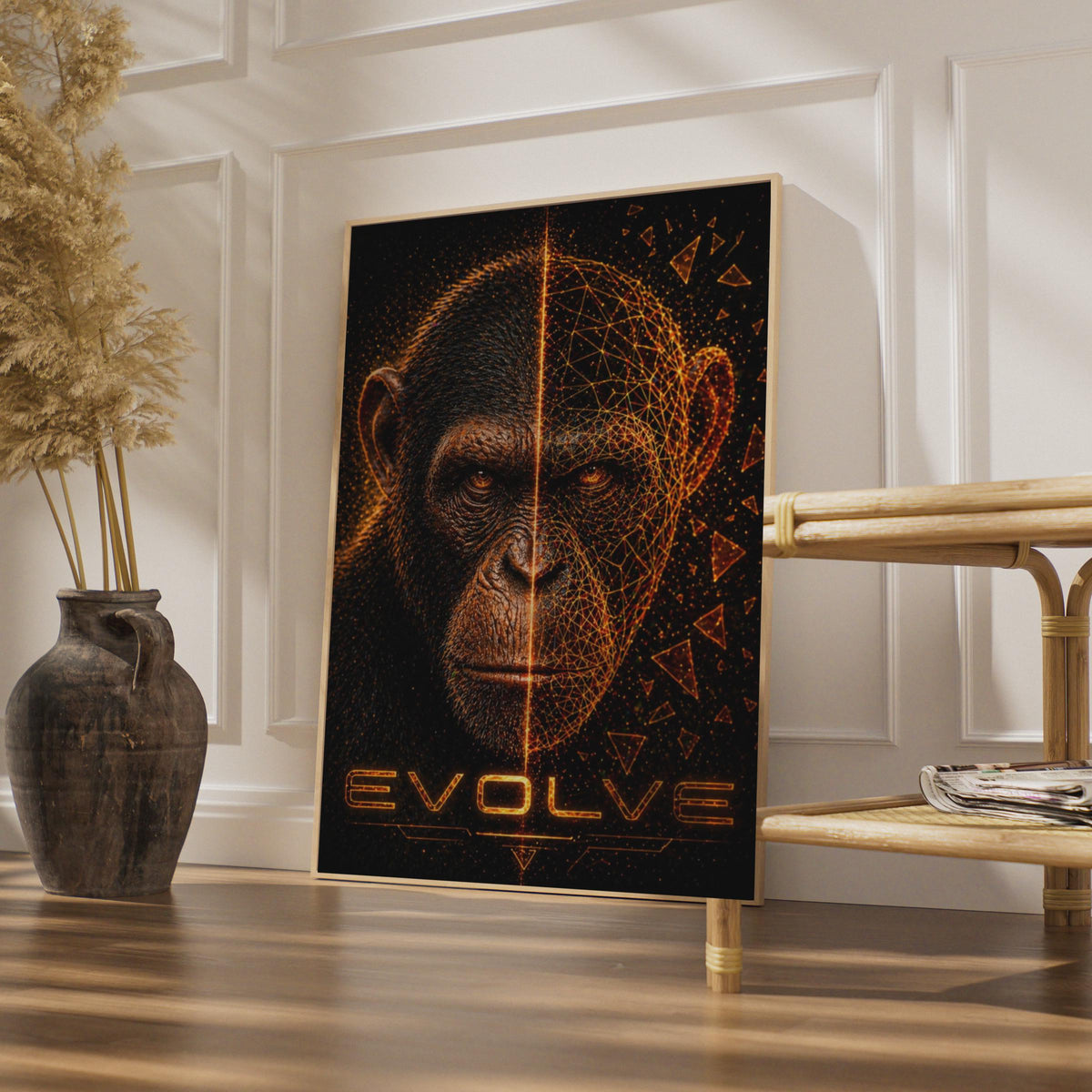 Evolve Chimpanzee Poster, Digital Geometric Ape Wall Art, Dark Sci-Fi Animal Print