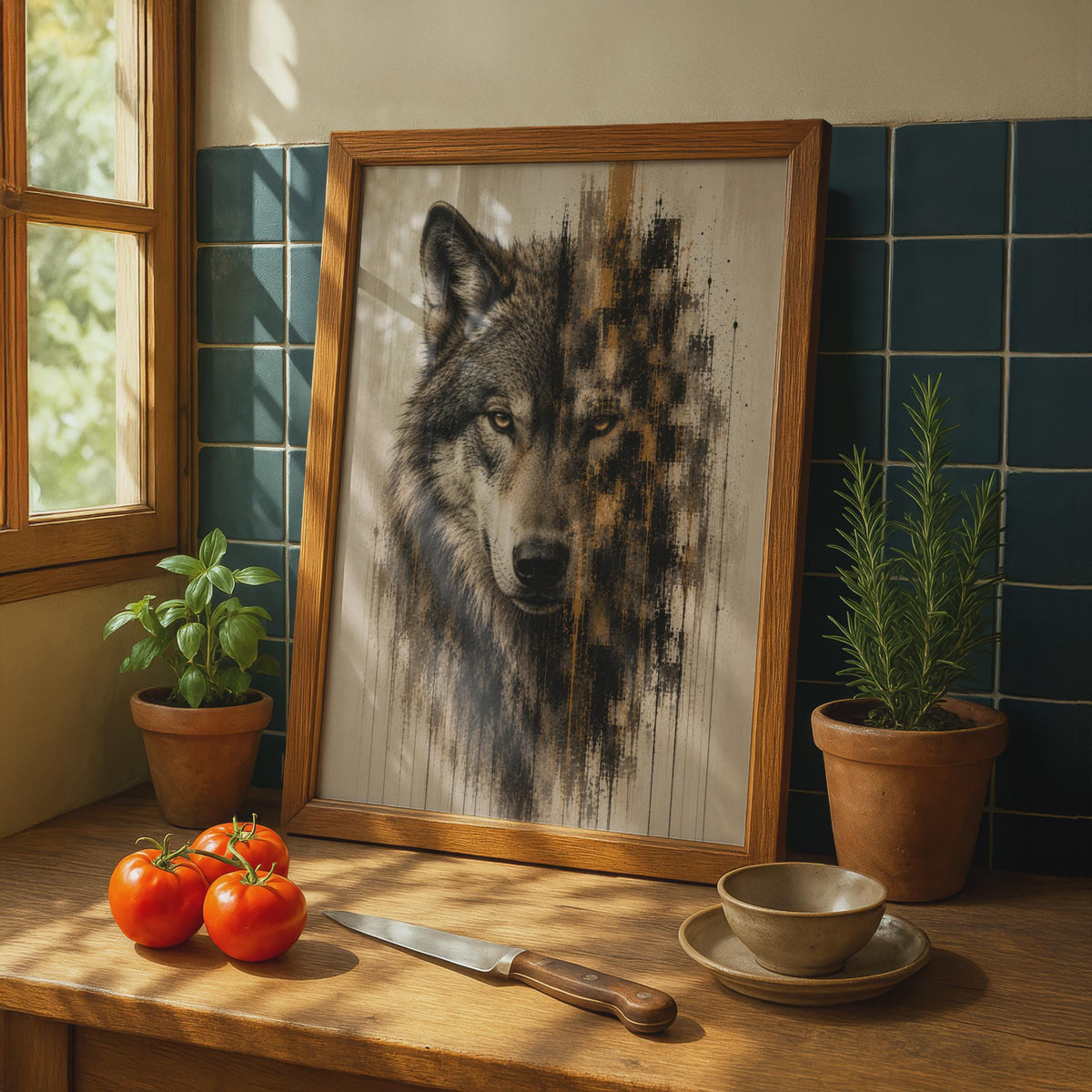 Wolf Portrait Poster, Abstract Grunge Art, Black Gold Wall Decor, Wild Animal Print