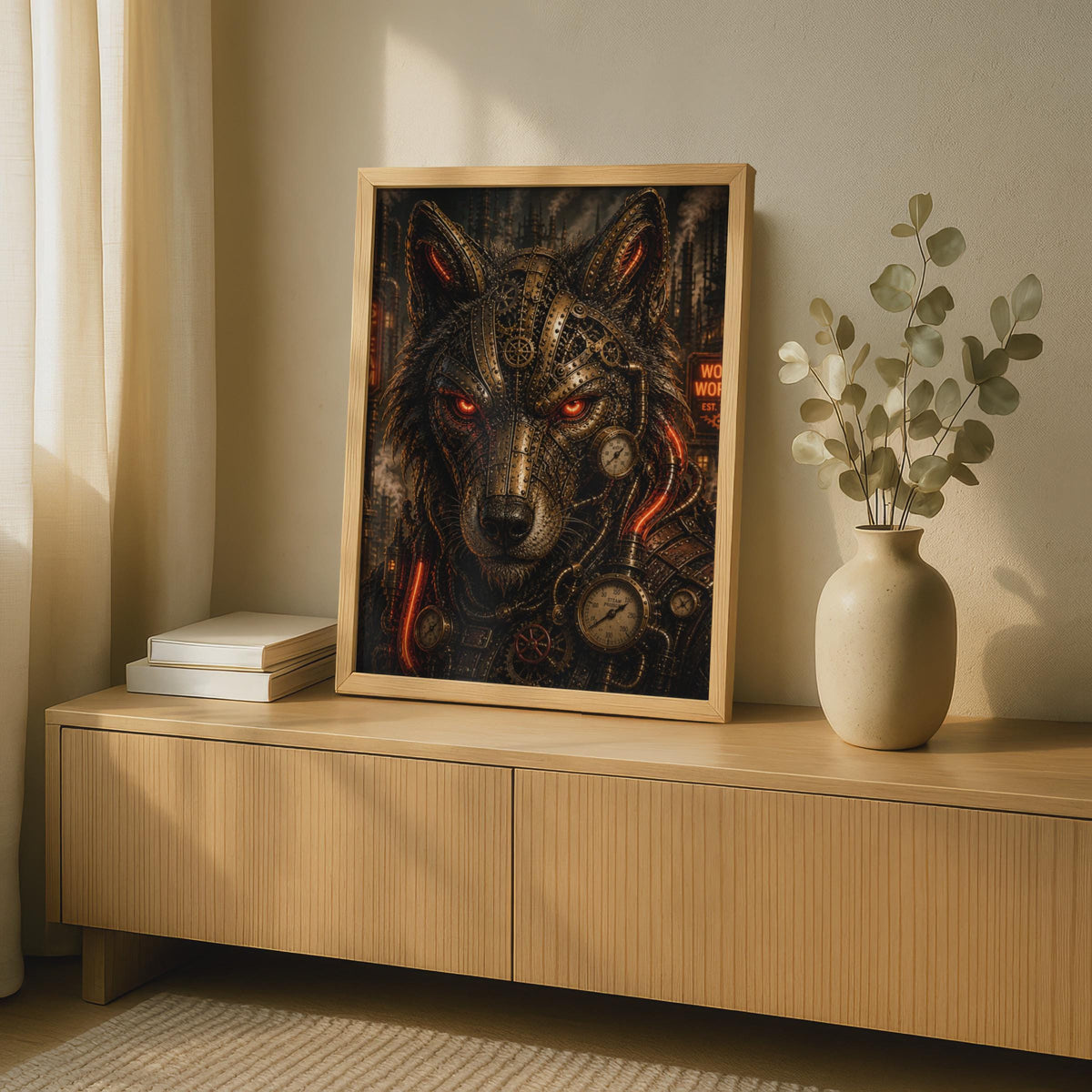 Steampunk Wolf Poster, Mechanical Wolf Wall Art, Dark Fantasy, Gears Red Eyes Print