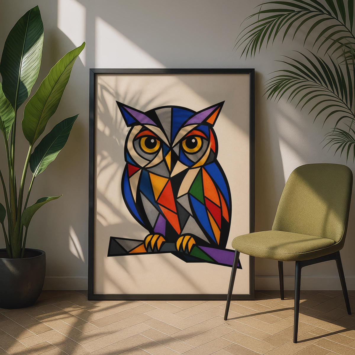 Geometric Owl Poster, Colourful Cubist Bird Wall Art, Bold Abstract Wildlife Print for Home