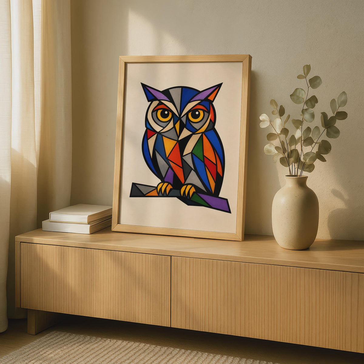 Geometric Owl Poster, Colourful Cubist Bird Wall Art, Bold Abstract Wildlife Print for Home