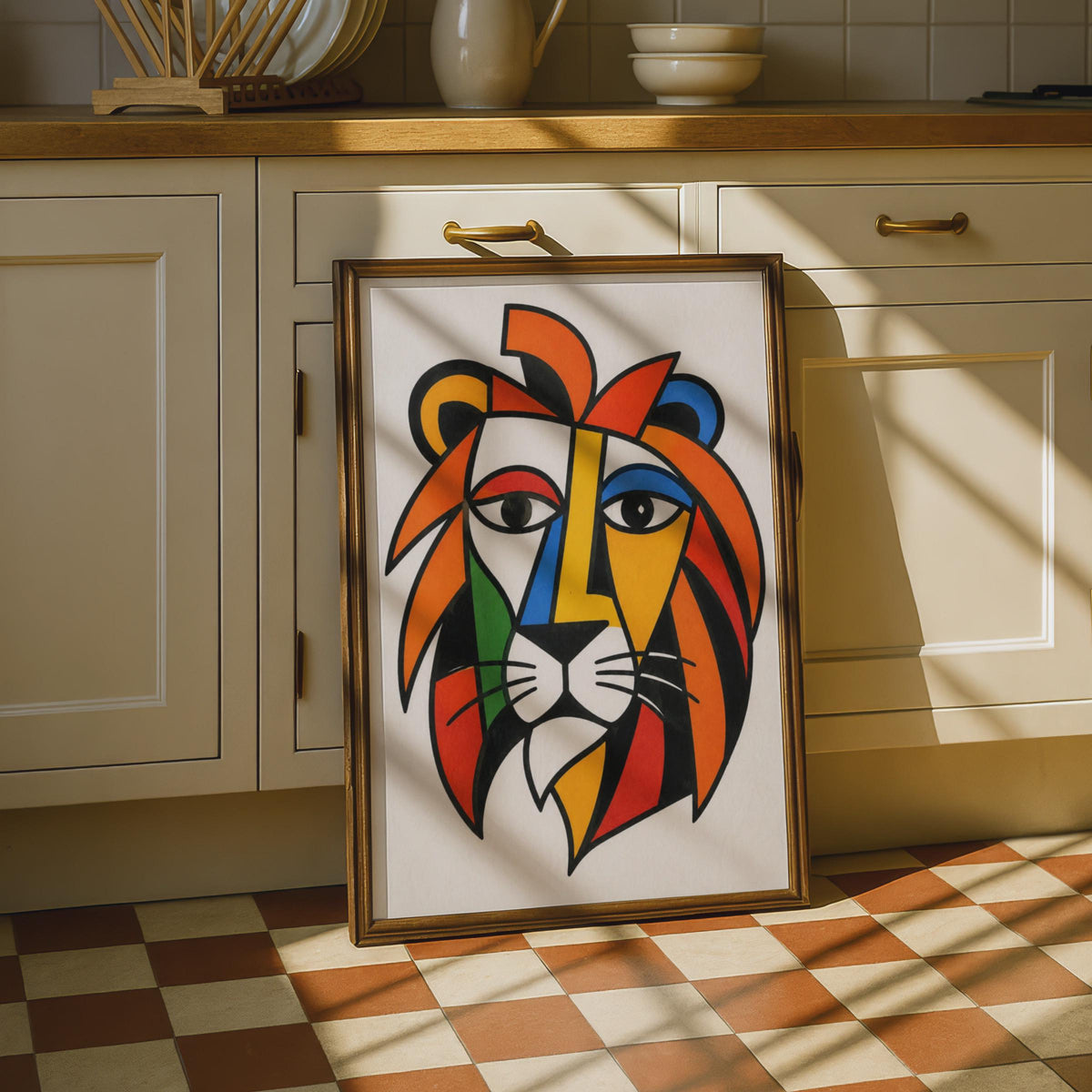 Cubist Lion Poster, Bold Abstract Animal Wall Art, Modern Living Room Print