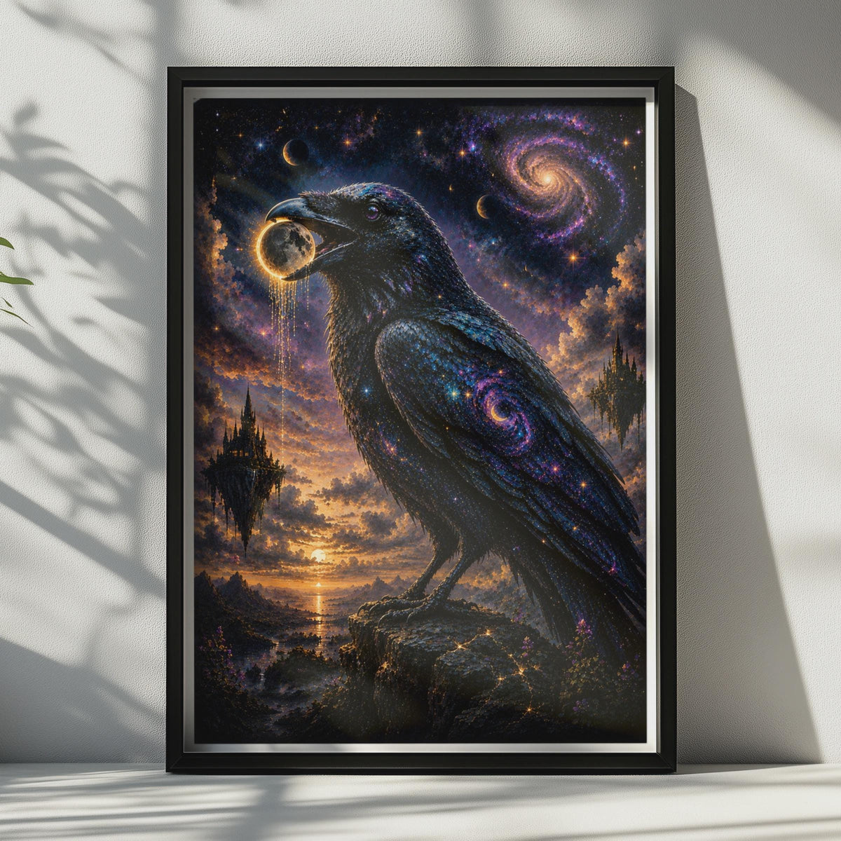 Cosmic Raven Poster, Mystical Black Crow Moon Galaxy Fantasy Dark Wall Art