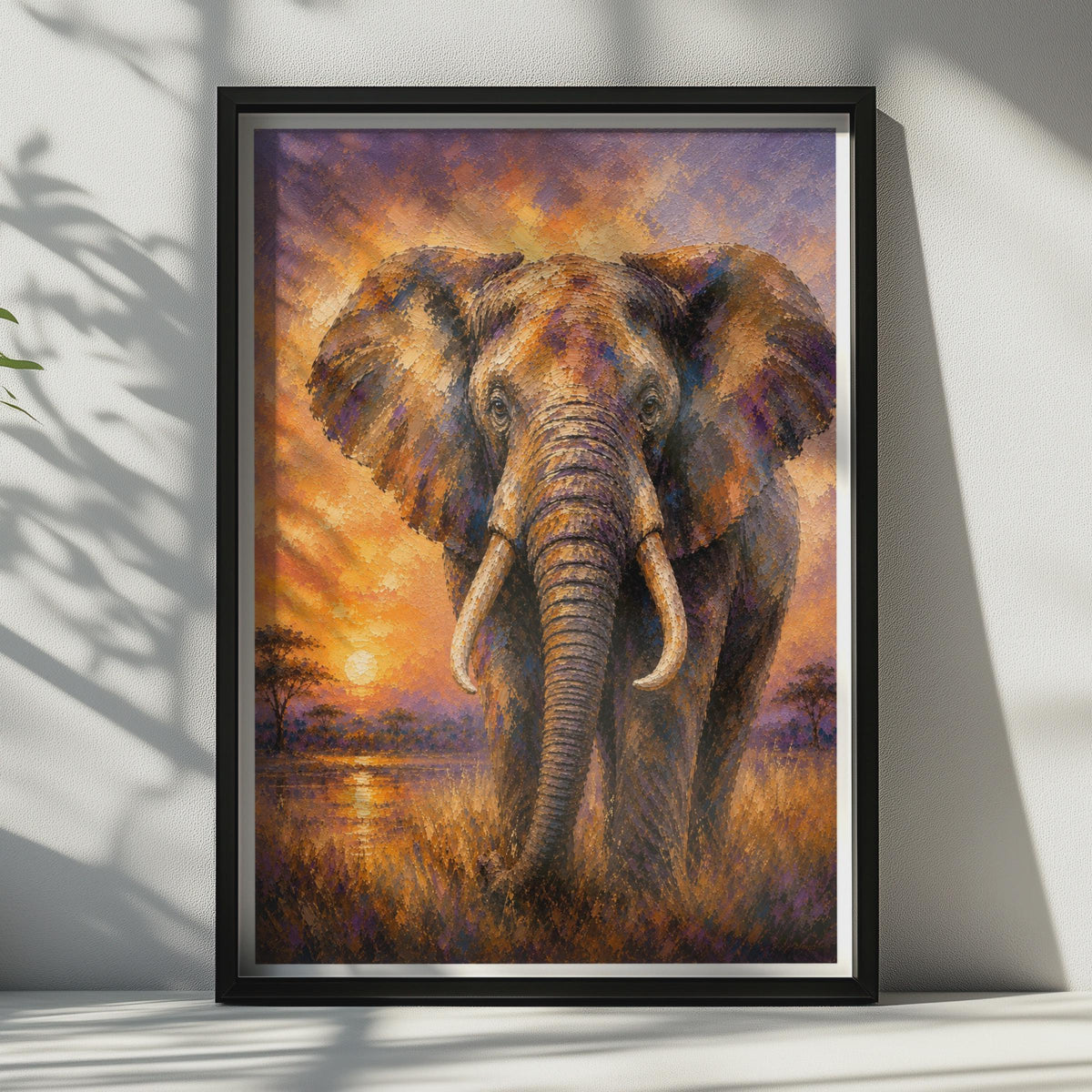 African Elephant Sunset Poster, Wildlife Safari Wall Art, Orange Purple Savanna Print