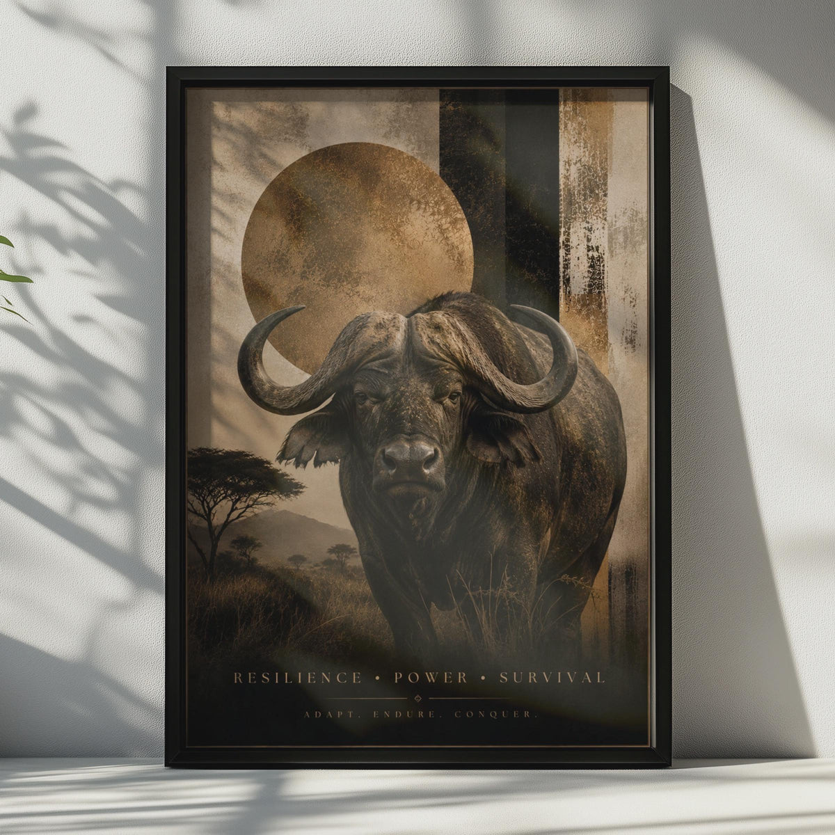 African Buffalo Poster, Resilience Power Survival, Dark Gold Safari Wall Art, Wildlife Decor