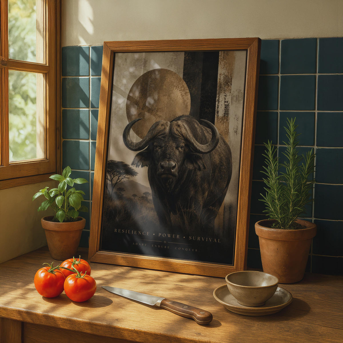 African Buffalo Poster, Resilience Power Survival, Dark Gold Safari Wall Art, Wildlife Decor