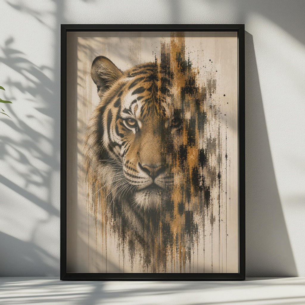Tiger Face Poster, Abstract Wildlife Wall Art, Burnt Orange Black Decaying Effect Print