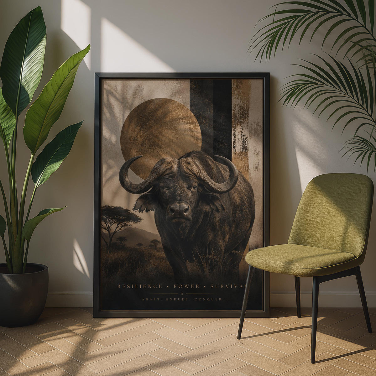 African Buffalo Poster, Resilience Power Survival, Dark Gold Safari Wall Art, Wildlife Decor