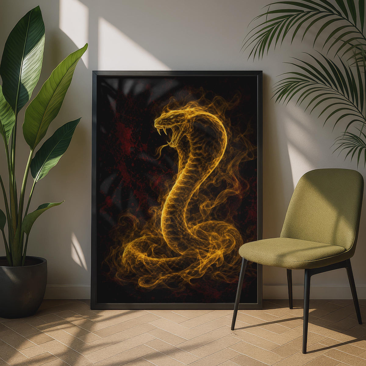 Golden Cobra Fire Snake Poster, Dark Fantasy Serpent Wall Art